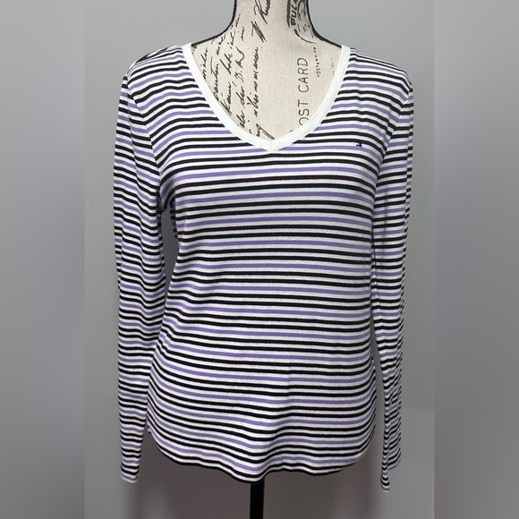 👚 TOMMY HILFIGER Women’s Purple & White Stripe Long Sleeve V-Neck T-Shirt - Picture 1 of 9